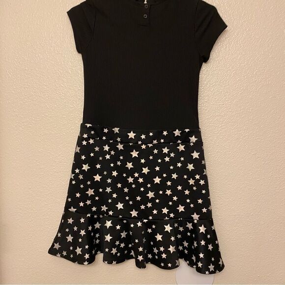 Wonder Nation Girls Foil silver star black short sleeve ribbed dress L 10/12 - Picture 2 of 9
